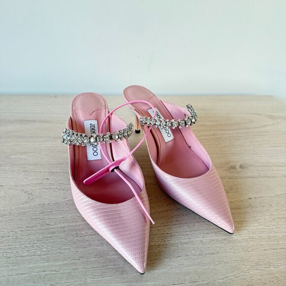 Jimmy Choo Bing 65 Mules Pink Lizard Crystal Embellished Pointed Toe Sz 37 - Picture 3 of 13